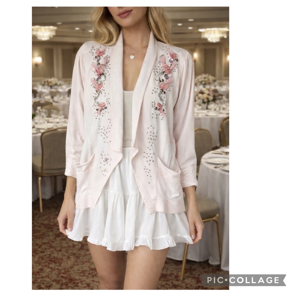 VINTAGE 80S PINK STUDDED BEADED FLORAL EMBELLISHED SHOULDER PAD SOFT BLAZER GLAM